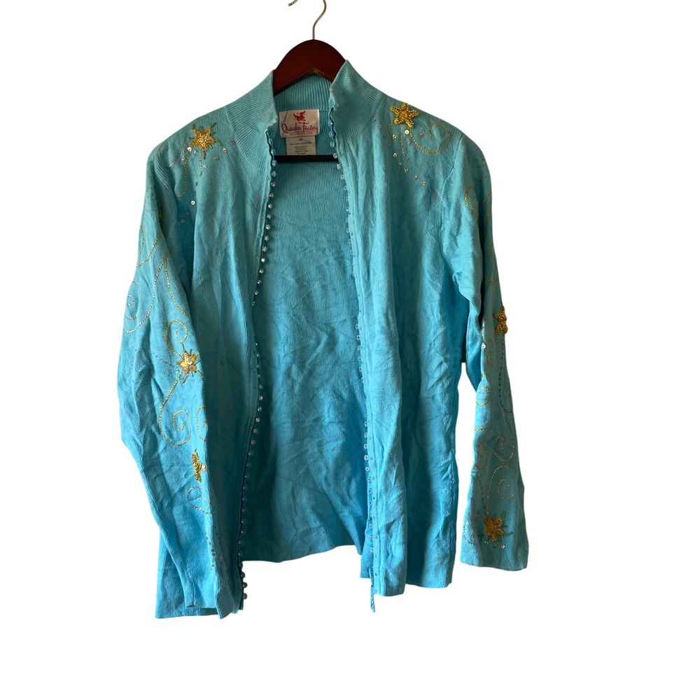 Vintage Quacker Factory Aqua Blue Embellished Star Cardigan‎ Sweater XS coastal